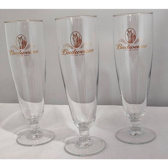 Vintage BUDWEISER set of 3 Gold rim 12 Oz Clydesdale Beer Pilsner Fluted Glass 8 - Picture 1 of 2